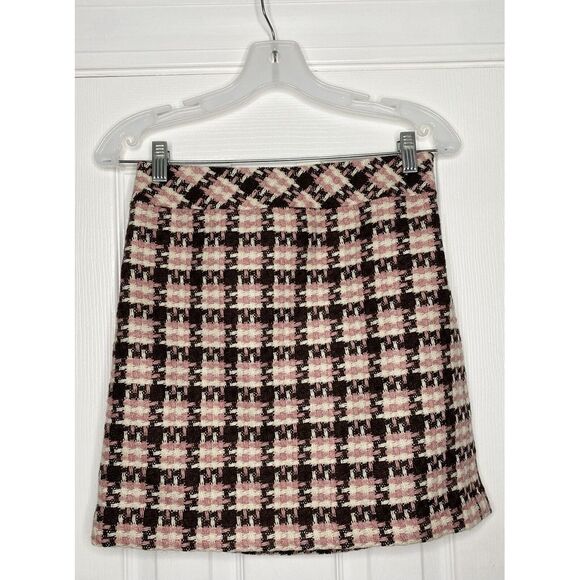 Loft Petite Women's Mini Skirt Plaid‎ Pink White Brown 2P Wool Blend New - Picture 1 of 7